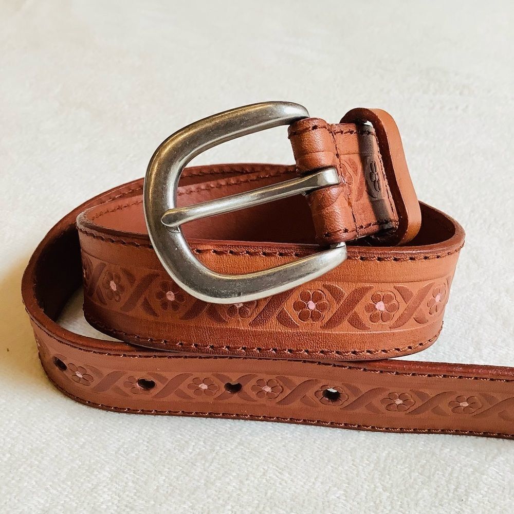 Leather belt embossed flowers detail kids Euc brown hand painted